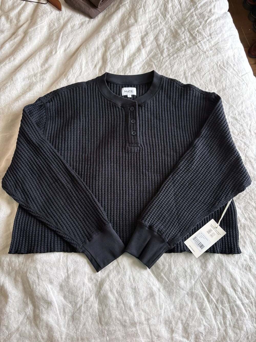 Mate The Label Waffle Cropped Henley Size S Black